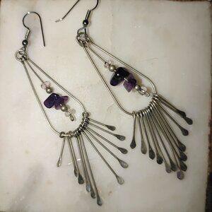 Long Vintage Silver Dangle Earrings Purple  Amethyst  Pearl Beads Fringe